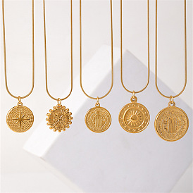 Vintage Stainless Steel Round Snake Chain Flat Round Pendant Necklaces, Religion Pendant Necklaces