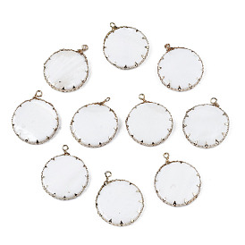 Natural Freshwater Shell Pendants, with Golden Plated Brass Edge and Loop, Flat Round