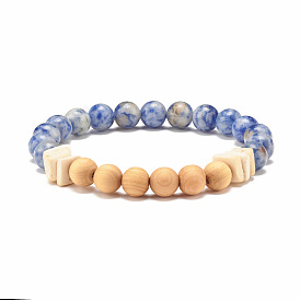 Natural Blue Spot Jasper & Wood Beaded Stretch Bracelet, Gemstone Jewelry for Women