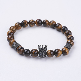 Natural Tiger Eye Stretch Bracelets, with Brass Cubic Zirconia Beads, Crown & Hexagon, Gunmetal