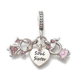 Rack Plating Alloy Rhinestone European Dangle Charms, Heart & Girls Large Hole Charms with Pink Enamel