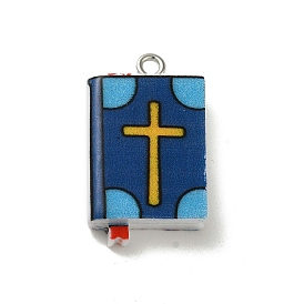 Opaque Resin Rectangle Pendants, Cross Bible with Platinum Plated Iron Loops