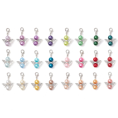 24pcs décorations pendentif ange en perles de verre et alliage, fermoirs à pinces de homard, breloques pour ornements de sacs