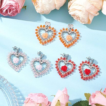 3Pairs Alloy Glass Stud Earrings, Heart with Rose