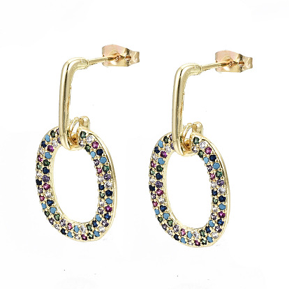 Brass Micro Pave Cubic Zirconia Dangle Stud Earrings, with Earring Backs, Nickel Free, Oval, Real 16K Gold Plated