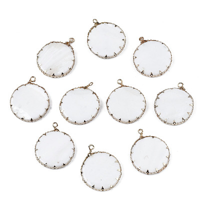 Natural Freshwater Shell Pendants, with Golden Plated Brass Edge and Loop, Flat Round