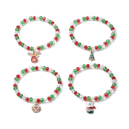 4Pcs 4 Style Glass Beaded Stretch Bracelets Set, Christmas Tree & Deer & Glove & Snowflake Alloy Enamel Charms Stackable Bracelets for Women