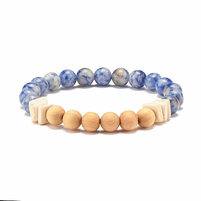 Natural Blue Spot Jasper & Wood Beaded Stretch Bracelet, Gemstone Jewelry for Women