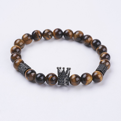 Natural Tiger Eye Stretch Bracelets, with Brass Cubic Zirconia Beads, Crown & Hexagon, Gunmetal