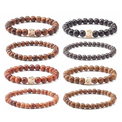 Stretch Bracelets, with Wood Beads, Round with Cross