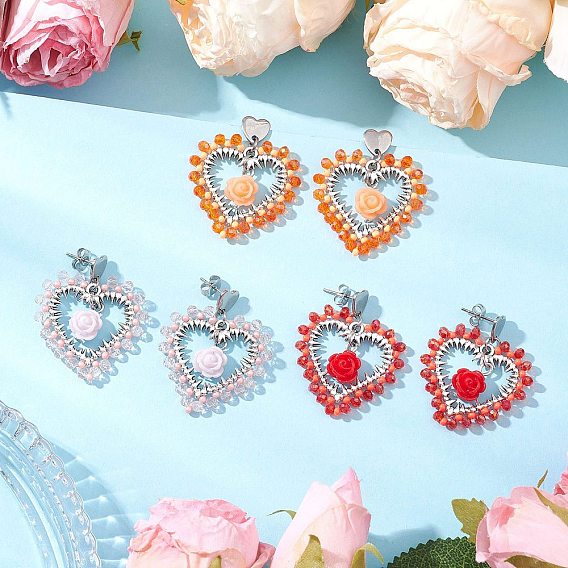 3Pairs Alloy Glass Stud Earrings, Heart with Rose