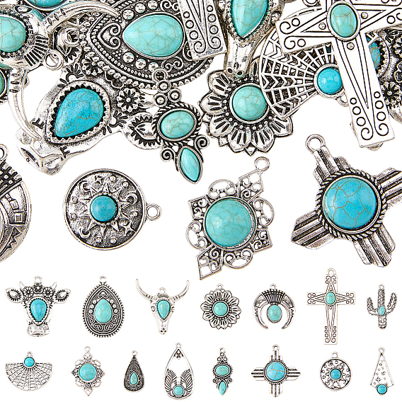 30Pcs 15 Styles Imitation Turquoise Resin Pendants, with Antique Silver Tone Zinc Alloy Findings, Mixed Shapes