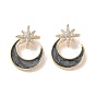 Brass Micro Pave Clear Cubic Zirconia Pendants, with Black Enamel, Moon with Star Charms