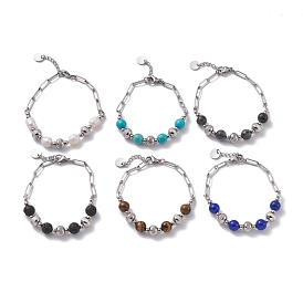 Round Mixed Stone Beaded Bracelet for Girl Women, Stainless Steel Color