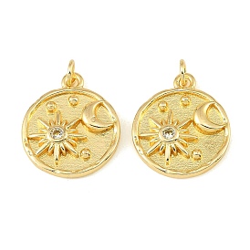 Brass Micro Pave Clear Cubic Zirconia Pendants, Flat Round with Sun & Moon Charms