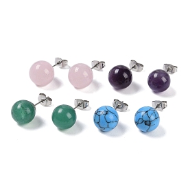 Gemstone Stud Earrings, with 304 Stainless Steel Findings, Round