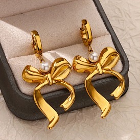 304 серьги-кольца из нержавеющей стали с бантом, с пластиковой имитационной жемчужиной