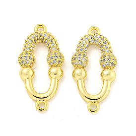 Rack Plating Brass Micro Pave Clear Cubic Zirconia Oval Connector Charms, Cadmium Free & Lead Free, Long-Lasting Plated