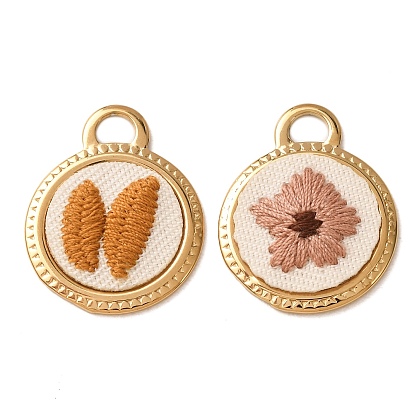 304 Stainless Steel & Cloth Embroidered Pendants, Flat Round Charms, Ion Plating(IP), Long-Lasting Plated