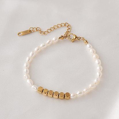 Модные браслеты из натурального пресноводного жемчуга и кубической нержавеющей стали для женщин