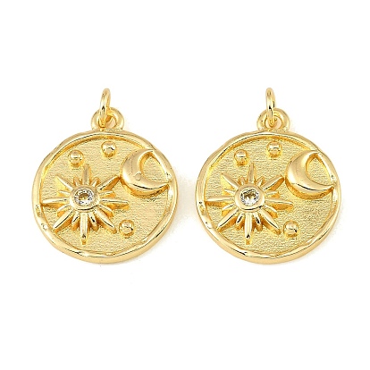 Brass Micro Pave Clear Cubic Zirconia Pendants, Flat Round with Sun & Moon Charms