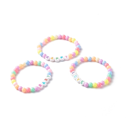 Opaque Acrylic Beads Stretch Bracelet Set for Kid, with Word Baby & Love & Happy