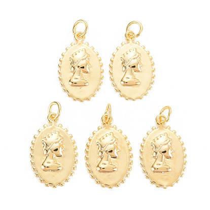 Rack Plating Brass Pendants, with Jump Rings, Nickel Free, Oval with Women Pattern