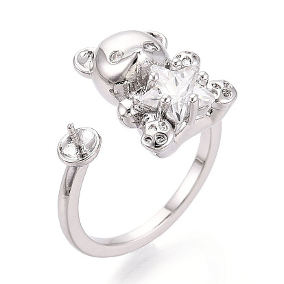 Оправы для колец-манжет из латуни с микропаве из прозрачного кубического циркония, за половину пробурено бисера