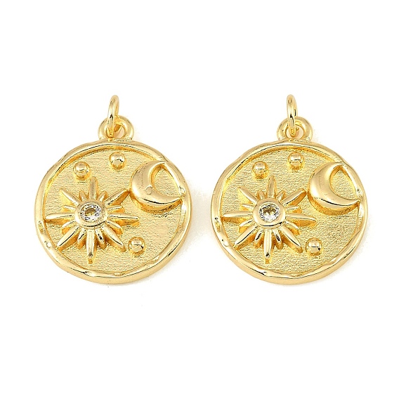 Brass Micro Pave Clear Cubic Zirconia Pendants, Flat Round with Sun & Moon Charms