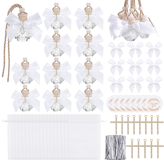Bouteilles de parfum en verre suspendues de voiture, avec étiquettes cadeaux, alliage avec pendentifs en strass cristal, sacs à cordon en organza, Accessoires décoratifs en satin de polyester, attaches métalliques des plastiques