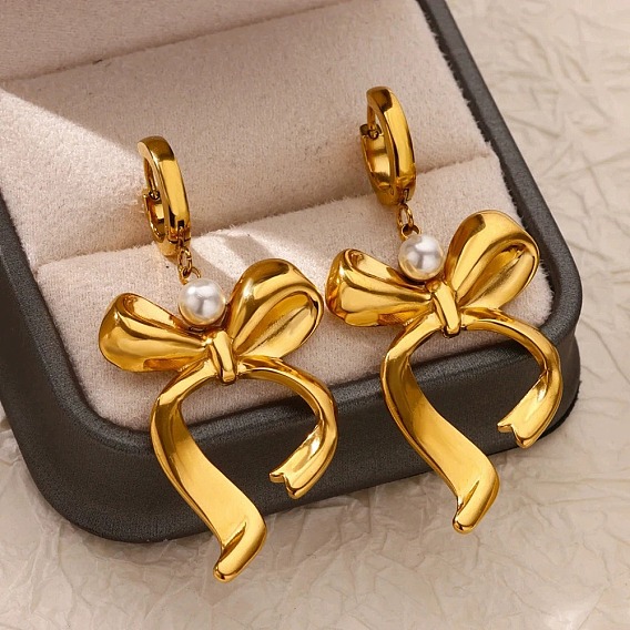 304 серьги-кольца из нержавеющей стали с бантом, с пластиковой имитационной жемчужиной