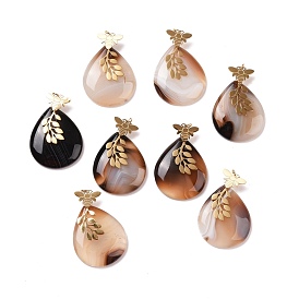 Ntuarl Agate Pendants, with Ion Plating(IP) 304 Stainless Steel Findings, Teardrop with Bees & Leaf, Real 18K Gold Plated