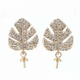 Brass Micro Pave Clear Cubic Zirconia Stud Earring Findings, For Half Drilled Bead, Leaf