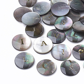Lèvres noir cabochons shell, plat rond avec la lettre initiale