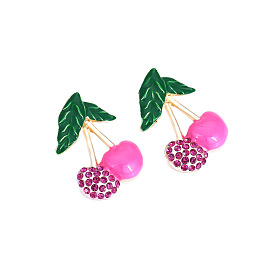 Charming Cherry Earrings with Colorful Enamel and Sparkling Rhinestones for Women
