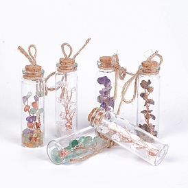 Glass Wishing Bottle, For Pendant Decoration, with Gemstone Chip Beads and Brass Findings Inside, Cork Stopper, Jute Twine