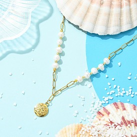 304 Подвеска в виде ангельской монеты из нержавеющей стали, цепочка из скрепки и ожерелье из натурального жемчуга для женщин, белые