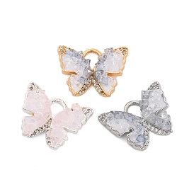 Natural Quartz Crystal Rock Crystal Pendants, Brass Pave Clear Cubic Zirconia with Enamel Butterfly Charms