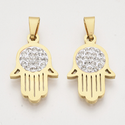 Pendentifs en acier inoxydable, avec bouton pression de taille aléatoire sur les balles et strass en cristal d'argile, hamsa main / main de fatima / main de miriam