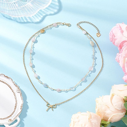 304 подвеска-бантик из нержавеющей стали с натуральными камнями, двухслойные цепочные ожерелья для женщин, золотые