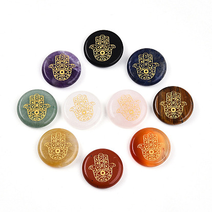 Кабошоны из камня, плоский круглый с золотой металлической оплеткой в виде руки хамсы