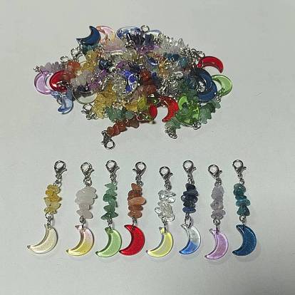 40pcs 8 couleurs décoration pendentif lune en pierre précieuse naturelle et verre, avec alliage homard fermoirs pince