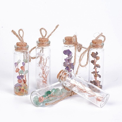 Glas Flasche wünschend, für hängende Dekoration, mit edelsteinperlen und messingfunden innen, Korken, Juteschnur