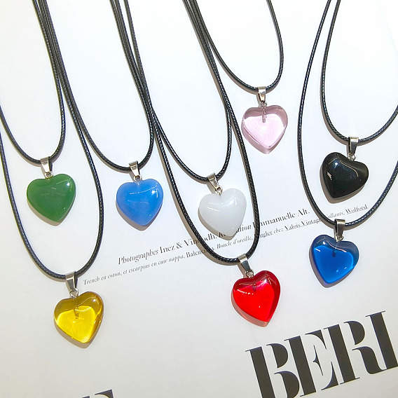 Стеклянный кулон в форме сердца, ожерелья из вощеного шнура для женщин и мужчин