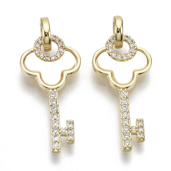 Brass Micro Pave Cubic Clear Zirconia Pendants, with Shell, Nickel Free, Key, Real 18K Gold Plated