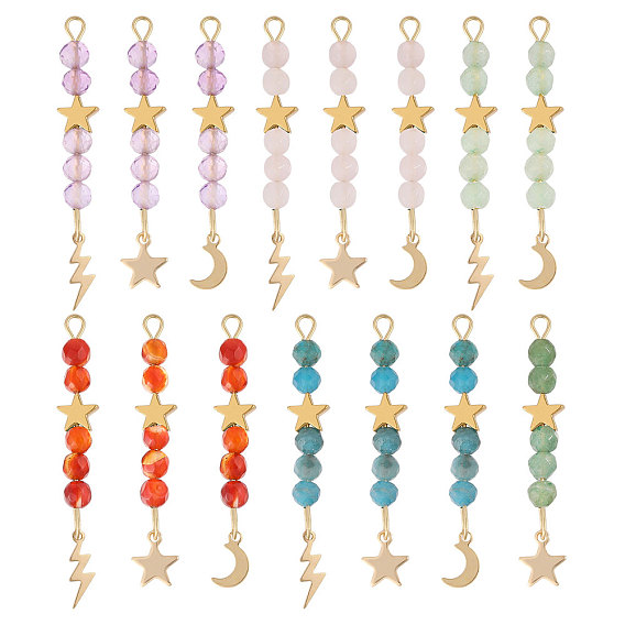 15 шт. 5 цвета натуральный сердолик, зеленый авантюрин, розовый кварц, аметист и апатит ограненные круглые бусины-подвески, подвески из нержавеющей стали в виде луны, звезды и молнии