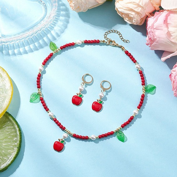 Комплект из ожерелий и серег из синтетической бирюзы для женщин, комплекты ювелирных украшений из сплава и эмали с подвесками в виде яблок