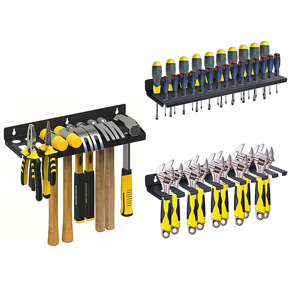 3 Bags 3 Styles Carbon Steel Wall-Mounted Plisers Screwdriver Wrench Holder, Tools Hanging Rack, Rectangle