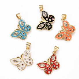 Brass Micro Pave Clear Cubic Zirconia Pendants, with Enamel, Long-Lasting Plated, Real 18K Gold Plated, Butterfly