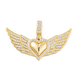 Brass Micro Pave Cubic Zirconia Pendants, Real 18K Gold Plated, Heart with Wing